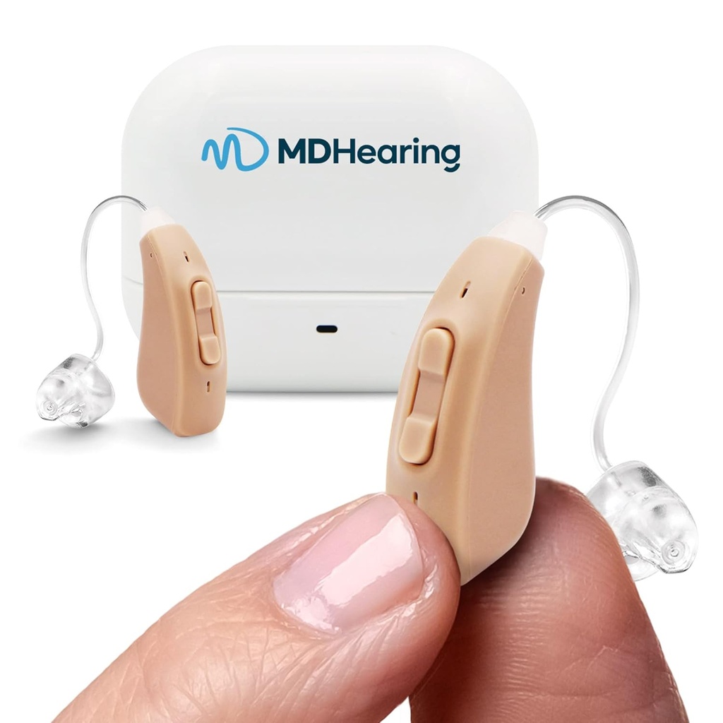 MDHearingAid AIR dzirdes palīglīdzeklis (pāris), OTC Recharable, Crystal-clear Digital Sound by MDHearing, Perfect for Glasses, Gandrīz neredzams