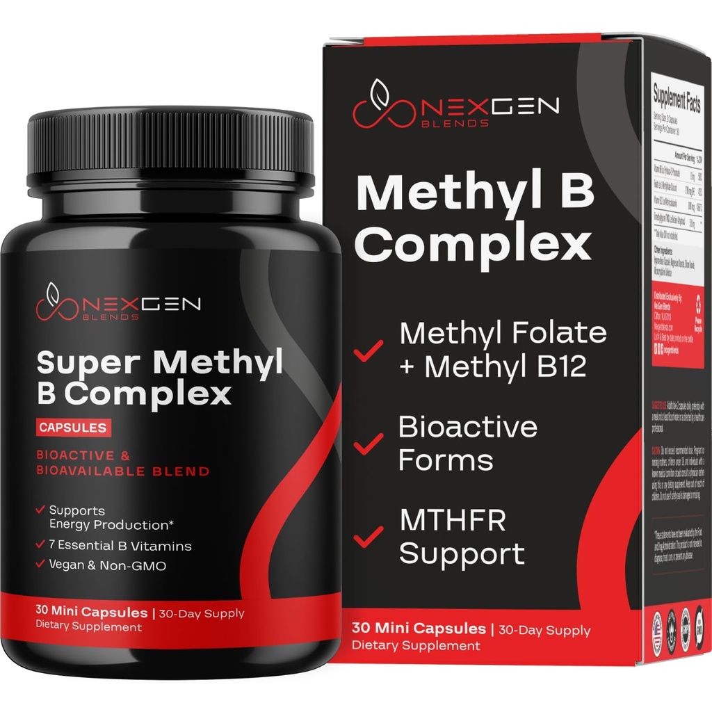 Metilēts B komplekss Vitamīnu papildinājums - Bioaktīvais metil B komplekss ar 5-MTHF Metilfolātu & B12 Metilkobalamīns smadzeņu sirds enerģijai un homocisteīna atbalstam - Super B vitamīna komplekss (30 skait.)