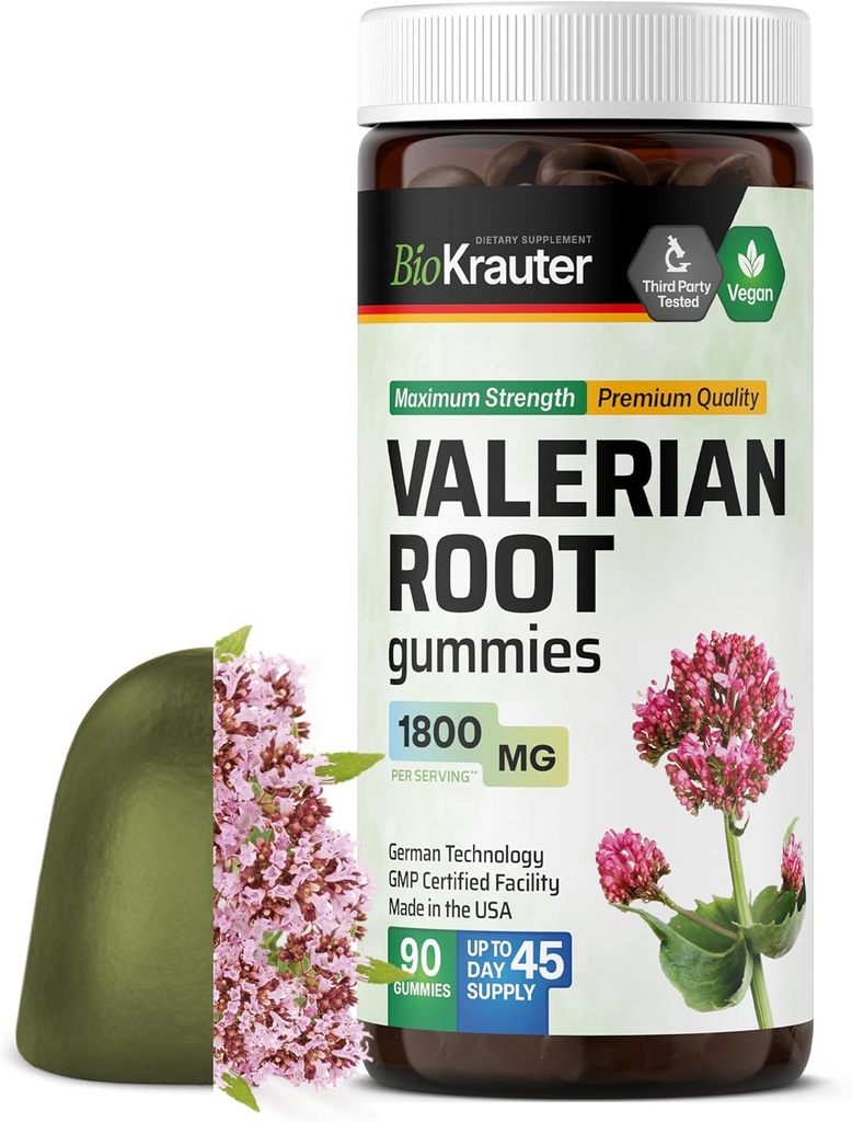 BIO KRAUTER Valerian Root Gumies - 1800 mg Stiprums - 90 Vegan Chews - No Melatonin - Atbalsts Relaxation & Caltness - Valerian Root ekstrakts