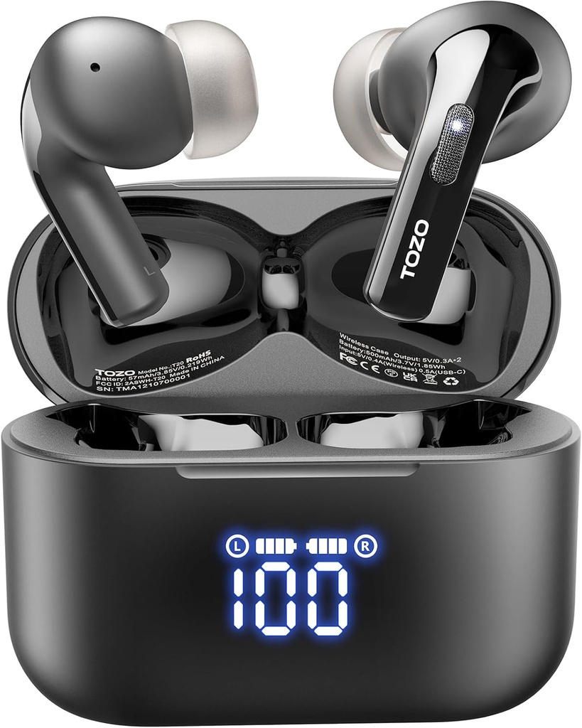 TOZO T20 Bezvadu austiņas Bluetooth austiņas 48.5 Hrs Playtime with LED Digital Display, IPX8 Ūdensizturīgs, Dual Mic izsaukuma troksnis Atcelt 10mm plata diapazona skaļruņi ar bezvadu uzlāde