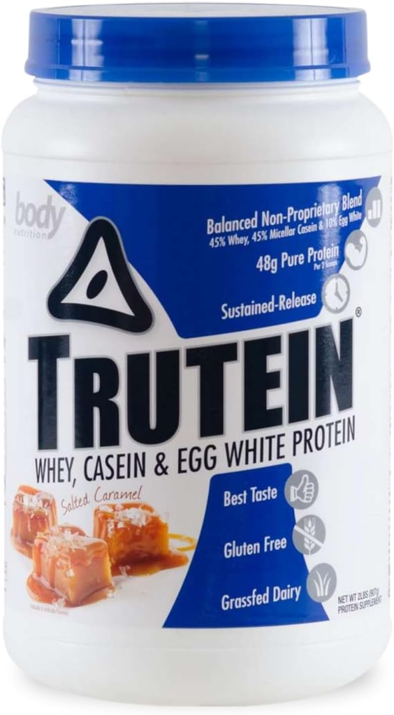 Body Nutrition Trutein High Protein Pulveris: 45% Sūkalas, 45% Kazeīns, 10% Olbaltas, bez lipekļa, zems nātrija līmenis, zāles kausētu sūkalu olbaltumvielu pulveris, Gym papildinājums un brokastis Shake, sālīts karamelis, 2lb