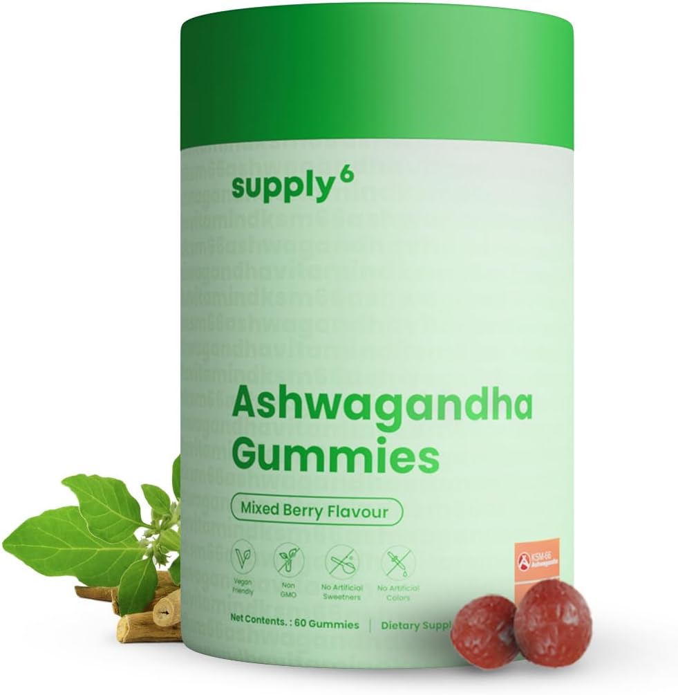 PIEGĀDE6 KSM-66 Ashwagandha & Vitamīnu D Gummy - 60 Grāfs - Jauktas ogas, KSM-66, Vegan, Augu bāzes, Non-GMO, No Gluten-Free & Želatīns, priekš Happier Jums, iepakojumā 1