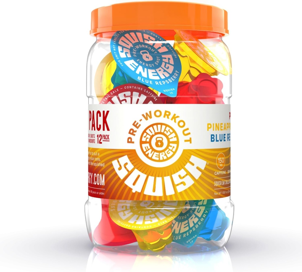 Squish Pre Workout Energy Shots, Beta-Alanine, Citrulline, Kofeīns, L-Teanīns, Alfa-GPC, augu bāzes sastāvdaļu atbalsts un uzlabot treniņus, zilie repsberry, ananasu Press, PR Punch, 12 ct.