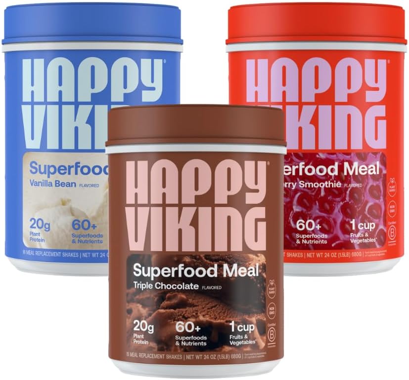 Happy Viking Chocolate, Vanilla and Strawberry Powder, by Venus Williams, 20G Protein, Low Carb, Keto, Vegan, Gluten-Free, Superfoods, Complete Meal Replacement, 3 kārbas (24 oz. Katrs)
