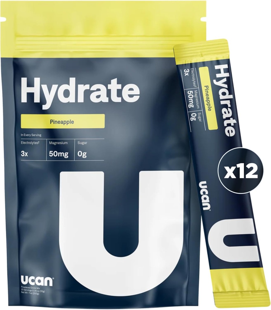 UCAN Hydrate Elektrolītu dzēriens Mix (Pineapple, 12 Stickpacks) Bezcukura, Keto-Draudzīgi, Vegan, Non-GMO, Gluten-Free Elektrolītu Pulveris ar kāliju un magniju skrienējiem un sportistiem
