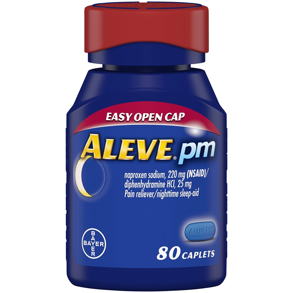 Aleve PM Caplets, ātras darbības Miega palīglīdzeklis un sāpes atvieglojums galvassāpju, muskuļu sāpes, ne- Habit Veidojot 220 mg Naproksēna Nātrija un 25 mg Difenhidramīna HCl Kapsulas, 80 mg