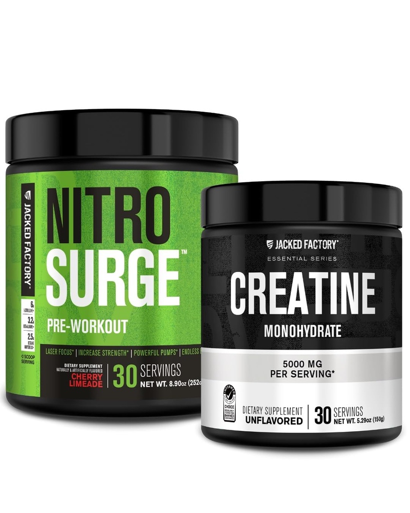 Jacked Factory NITROSURGE Pre Workout Papildinājums (Cherry Limade) Kreatīnu monohidrāts Pulveris (150g) muskuļu augšanu, palielināts spēks, uzlabota enerģija