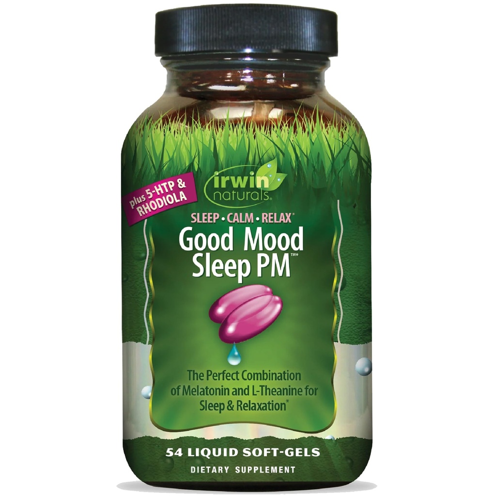 Irwin Naturals Good Mood Miega PM - 54 Šķidrie softgels - ar Melatonīnu un L-Teanīnu atpūtai un relaksācijai - 18 Kopā Kalpo