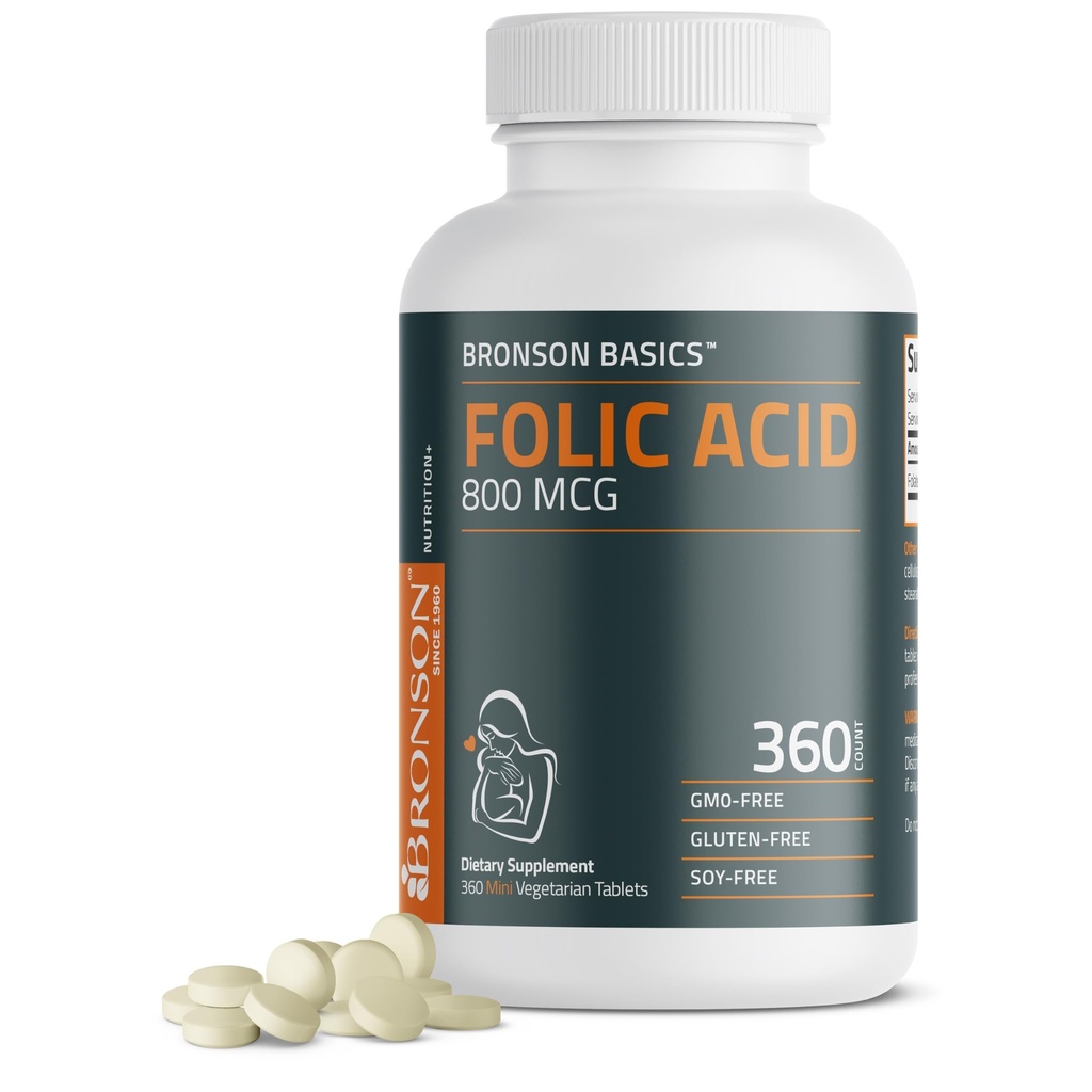 Bronson Folijskābe 800 MCG atbalsta prenatālo attīstību, 1 gada piegādi, ne-GMO, 360 tabletes