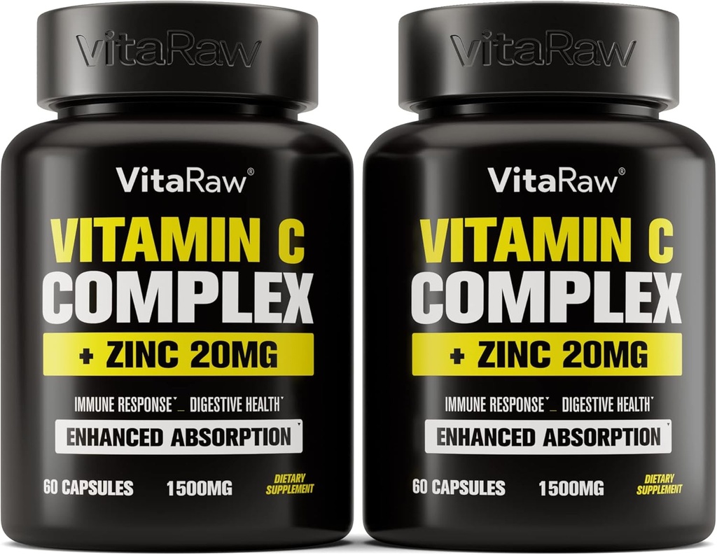 C vitamīna papildinājums 2 Iepakojums (120 Veggie kapsulas) - 1500mg ar Cinku 20mg - Augstākā Absorbcija C vitamīna Imūnās palīdzības komplekss - C vitamīna kapsulas un cinka Vitamīni pieaugušajiem, Vit C Imūnpalīdzība Vegan