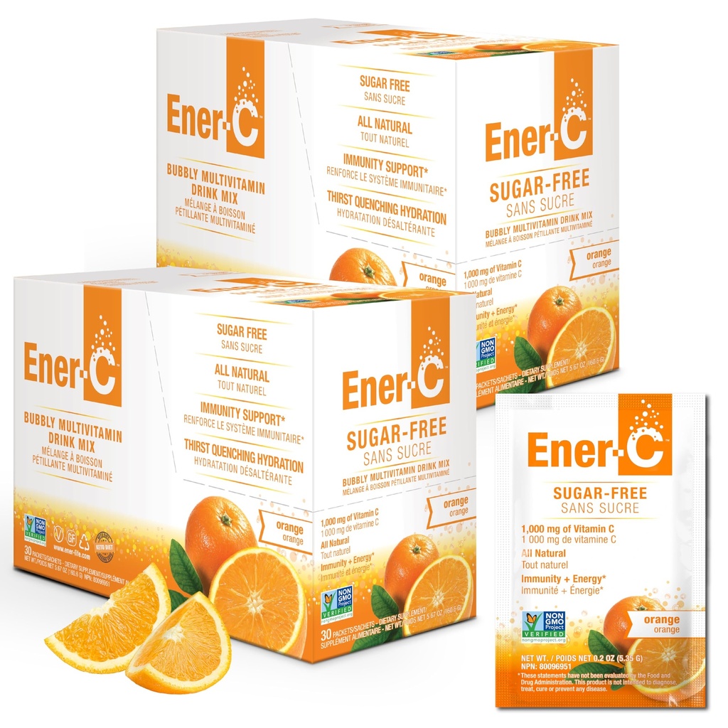 Ener-C Bezcukura enerģija Apelsīnu Multivitamīnu dzēriens Mix Vitamīnu C 1000mg & Elektrolīti - Dabīgs Immunity Atbalsts ar reālu augļu sulu pulveri Ne-GMO Vegan & Gluten Bezmaksas - 60 Skaits
