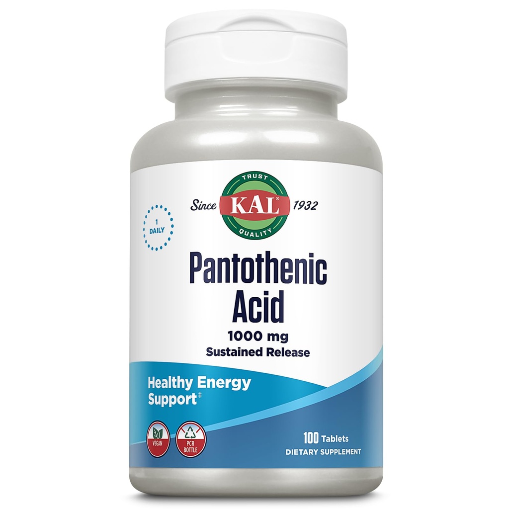 KAL Pantothenic Acid 1000mg, ilgstoša atbrīvošanas vitamīns B5 - Enerģijas bagātinātāji - Atbalsta vielmaiņas ogļhidrātiem, tauku un olbaltumvielu, matu un ādas veselību, Vegan, 60 dienu garantija, 100 Kalpojumi, 100 tabletes
