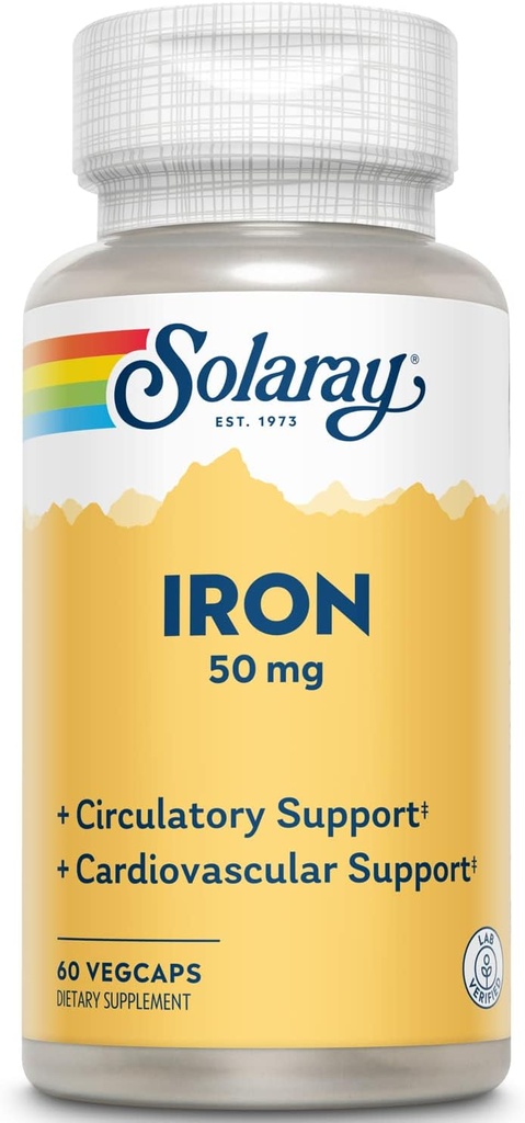 Solaray Iron 50 mg - ; Veselīga cirkulācija, sirds un asinsvadu funkcija un sarkano asins šūnu veselības atbalsts - 60 VegCaps