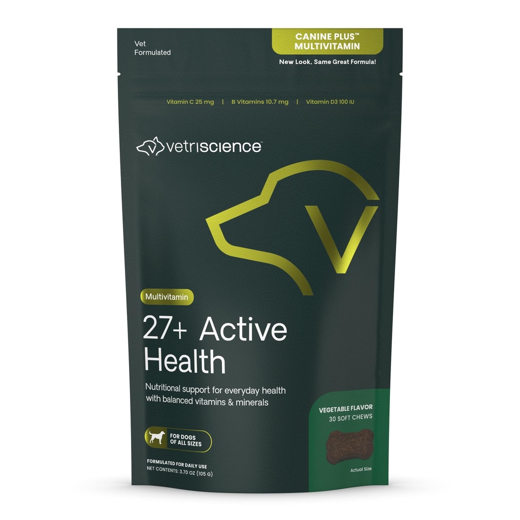 VetriScience 27+ Active Health Chews, Suņu Plus Dienas Multivitamīnu Kucēniem un pieaugušiem suņiem, Līdzsvaroti Vitamīni, Minerāli un Antioksidanti, Veselības un labsajūtas Atbalsts, Veggie, 30 Count