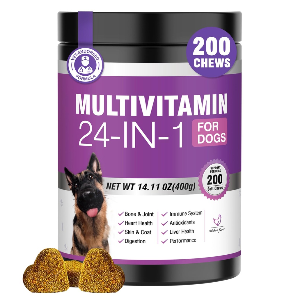 24-in-1 Suņi Vitamīni un papildinājumi 200 Ct Suņi Multivitamīni Košļājamās Chondroitin Probiotikas Omega-3 Glikozamīns suņiem Ādas Apvalks Sirds locītavas Aknas Smadzenes Acis Imūnatbalsts - Vistas