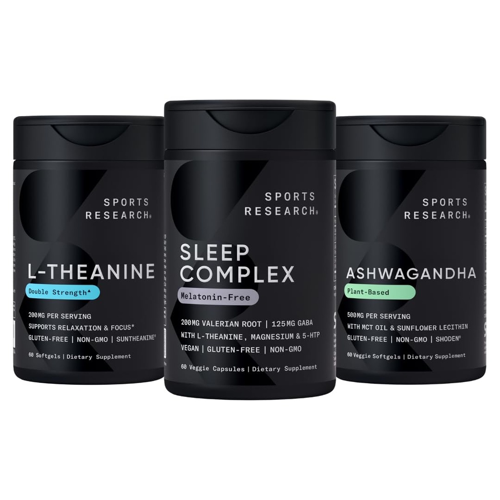 Sporta pētniecības miega komplekss Melatonīna-bez Vegan kapsulas, dubultā stipruma L-teanīna papildinājums fokusa, relaksācijas un trauksmes un Ashwagandha Softgels relaksācijas, Calm & Miega atbalsts