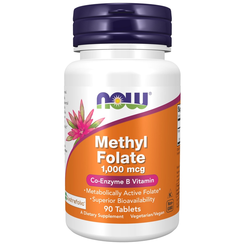 NOW pārtikas piedevas, metilfolāts 1000 μg, metaboliski aktīvs folijāts*, līdzfermenta B vitamīns, 90 tabletes