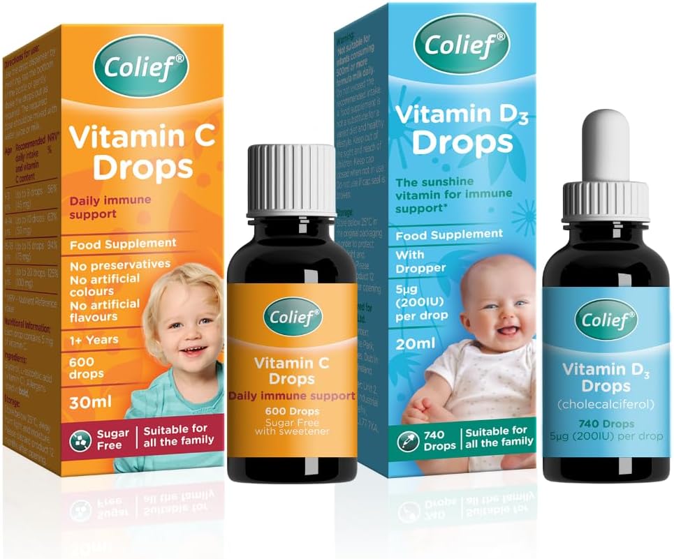 Colief Imūnās Atbalsta Bundle Satur D vitamīnu 3 pilieni -- Šķidrs Vit D3 Papildinājums zīdaiņiem no dzimšanas - 0,67 Fl Oz C vitamīna pilieni zīdaiņiem -- Zīdaiņi Vecums +1 - 600 pilieni