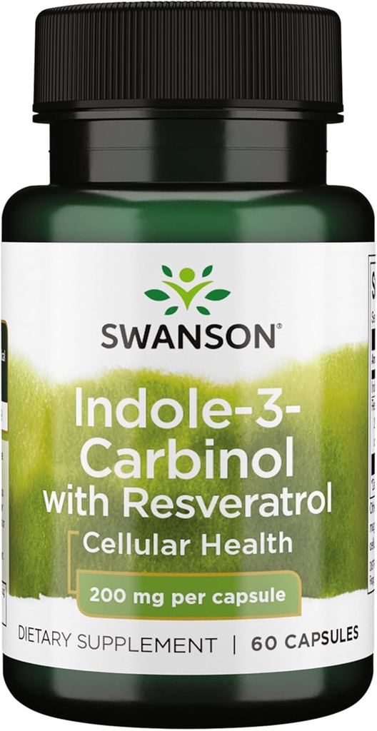 Swanson Indole-3-Carbinol ar Resveratrol - I3C papildinājums veicinot šūnu aizsardzību - Dabas papildinājums, lai palīdzētu uzturēt veselīgu hormonu līdzsvaru - (60 kapsulas, 200mg katrs)