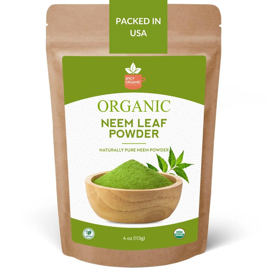 SPICY ORGANIC Neem Pulveris - 4 oz. - Sertificēts USDA Organic -Non-GMO - Svaigi Kaltēts Neem Atstāj pulveris veselīgai matiem un ādai - Azadirachta Indica Ayurvedic Herb vispārējai labsajūtai