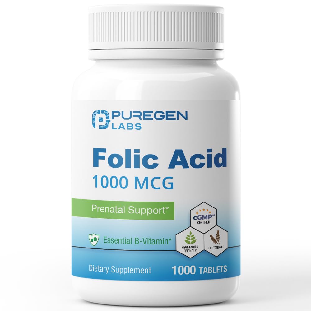 Puregen Labs Folijskābe 1000 μg Tabletes  - vitamīns B9 - ne- GMO - bez lipekļa - Ražots ASV