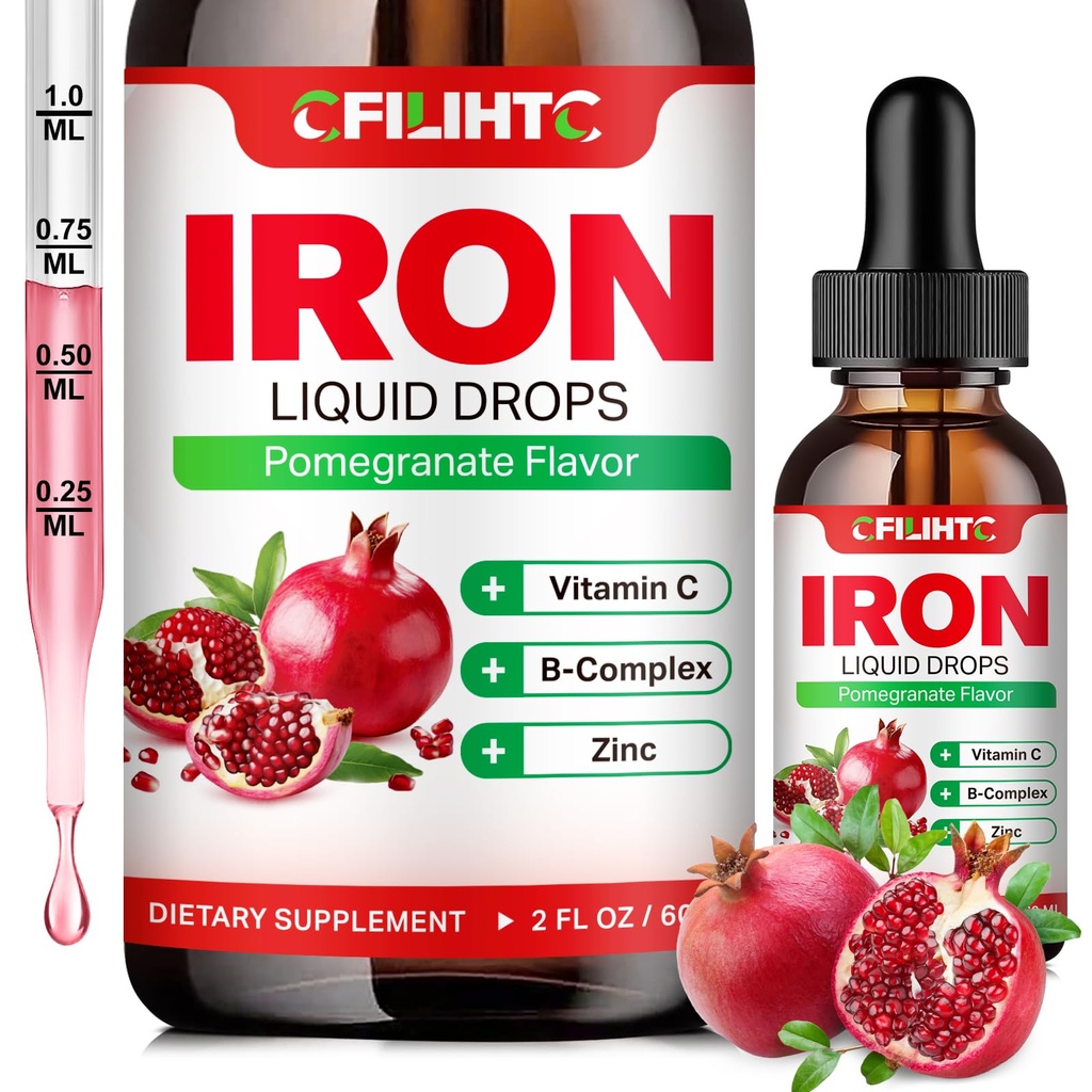 Šķidrā dzelzs Papildinājums sievietēm Vīriešiem un bērniem Multivitamīnu Dzelzs Pilieni ar Folātu, C vitamīns, B6, B12, Cinks anēmijai, Dzelzs deficīts, Asins Veidotājs, Enerģija - Dabas Granātābolu Flavor, Vegan 2 Fl Oz