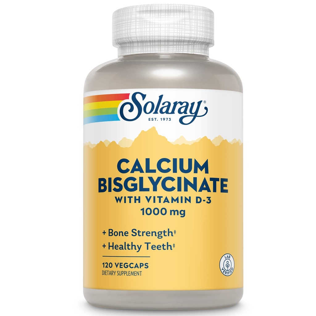 Solaray kalcija bisglicināts 1000mg ar vitamīnu D-3, helātu kalcija papildinājums kaulu spēku un veselīgu zobu atbalsts, uzlabota absorbcija un viegli Digest, 30 Kalpo, 120 VegCaps