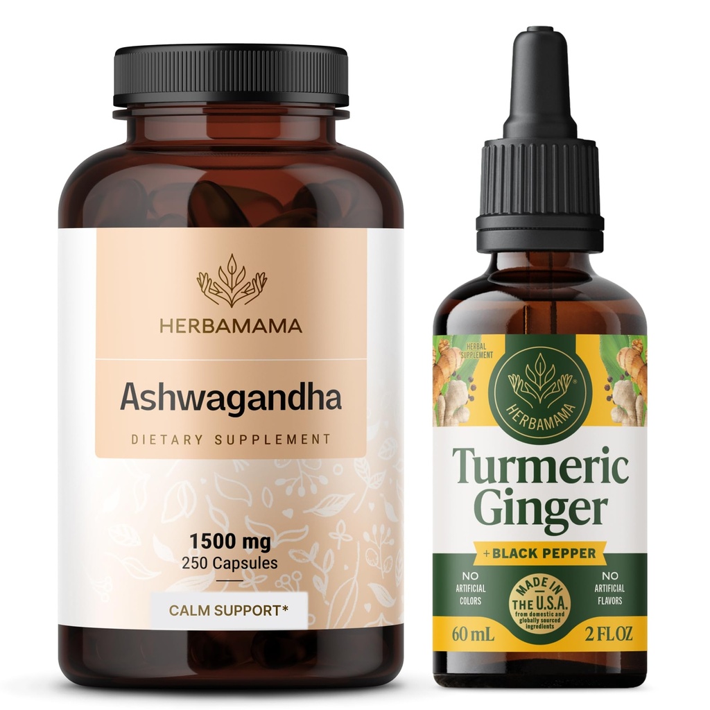 HERBAMAMA Ashwagandha un Turmeric Ginger Kit - 1500 mg Ashwagandha Root Kapsulas un Turmeric Ginger Tincture 2 fl oz - Vegan, non-GMO, Cukurs un bez alkohola - 2 iepakojumi