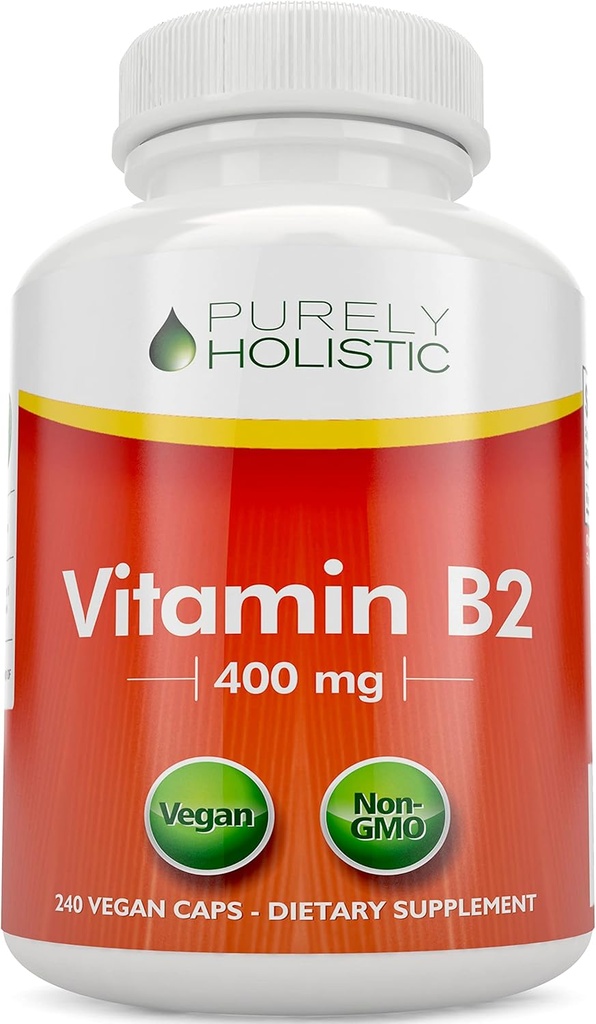 Tīri Holistisks vitamīns B2 Riboflavin 400mg - 240 Vegan kapsulas, 8 Mēnesis Apgāde - Augsta stipruma B2 Vitamīni - Nav ĢMO un lipeklis Bezmaksas - Atbalsta enerģijas ražošanu un šūnu veselību