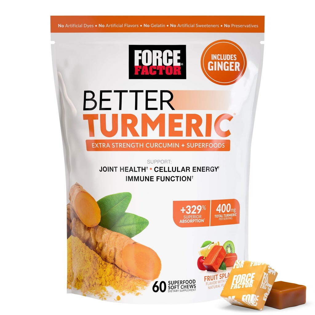 FORCE FACTOR Better Turmeric papildinājums 400mg ar melno piparu un ingveru, Extra Strength locītavu atbalsts, Superior Absorbcija, Tāpat Turmeric Gumies, Augļu šļakatas, 60 Turmeric Chews