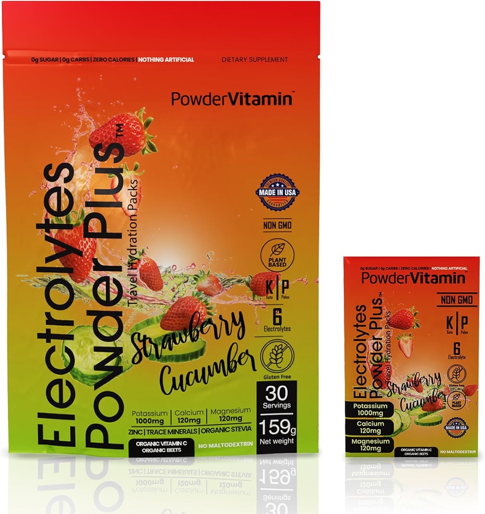 PowerVitamin Elektrolīti Pulverveida paketes - Zemeņu zāģmateriāli - Keto Elektrolīti ikdienas enerģijai - Hidrēšanas pulveris ar 1000mg Kālija, 120mg Magnijs, Nulles kaloriji - 30 Hidrēšanas paketes