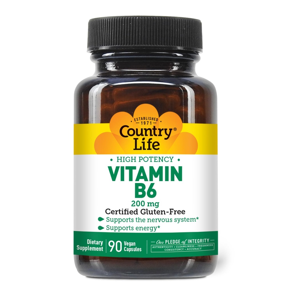 Country Life Vitamīnu B-6, augstas potences, atbalsta enerģiju un nervu sistēmu, 200mg, 90 Vegan kapsulas, Certified Gluten Free, Certified Vegan, Certified Halal...