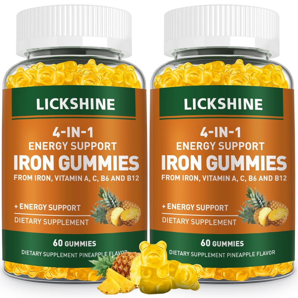 2 Iepakojums Vegan 100MG Dzelzs papildinājums Gumijas sievietēm un vīriešiem - ar C vitamīnu, A, B pieaugušajiem un bērniem - Enerģijas atbalsts dzelzs deficītu, anēmija - Ananasu Flavor (120 Ct)