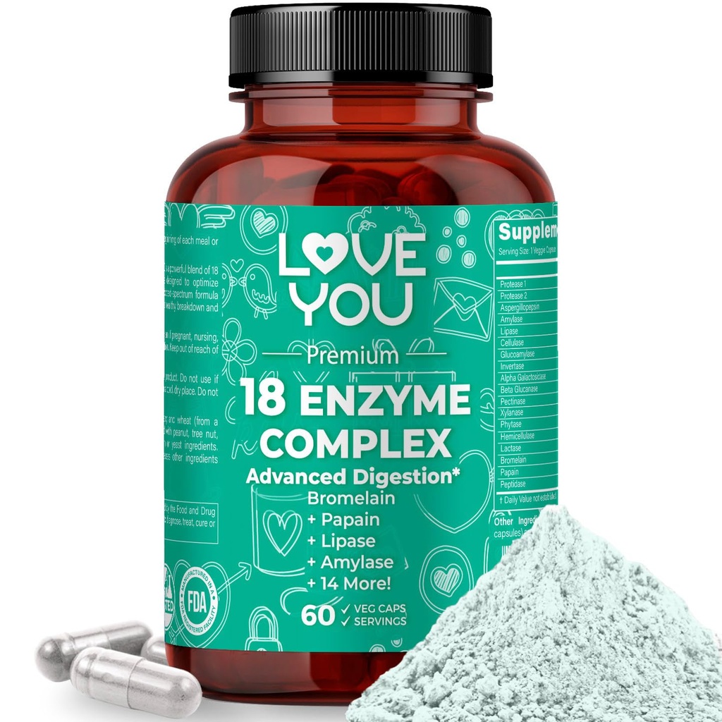 Mīlu jūs 18 Enzīmu komplekss - augu bāzes Gremošanas enzīmi sievietēm un vīriešiem ; Atbalsta Nutrient Absorbcija un Gremošanas Komforts; 60 Vegan kapsulas izgatavotas ASV
