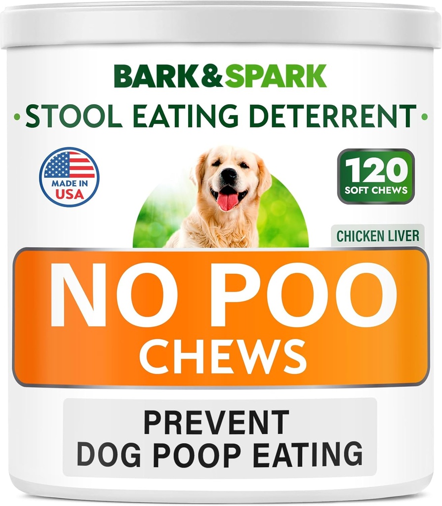 BARK&SPARK NO Poo Treats - Novērst suņu kaučuku apēšana - Coprophagia ārstēšana - Stool Ēšanas deterrent - Probiotikas un enzīmi - Gremošanas veselība + Elpošanas palīglīdzekļi - 120 Soft Chews - ASV Made - Aknas