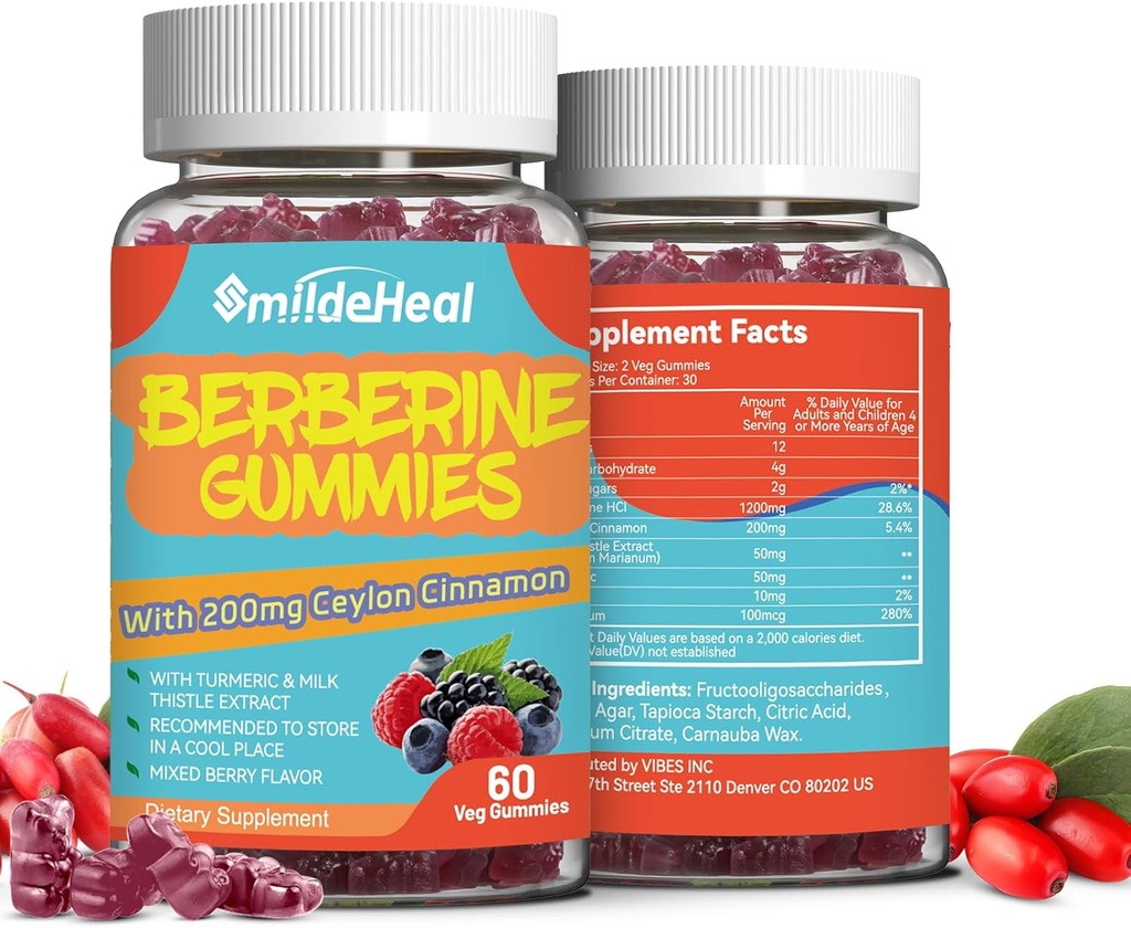 2 Iepakojums Berberine Gummies 1200mg ar Ceylon Cinnamon 200mg, Milk Thitle Extract & Turmeric, Vegan Berry Flavor, Non-GMO, Želatīns-Bez glutēna, 120 Skaits