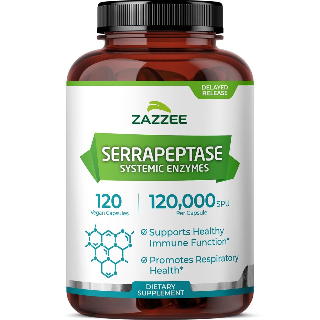 Zazee Aizkavēta atbrīvošanās Serapeptāze, 120 000 SPU kapsulās, 120 Vegan kapsulas, 4 mēnešu iepakojums, papildus stiprums, spēcīgi un koncentrēti sistēmiskie enzīmi, 100% veģetāri, dabīgi un ne-GMO