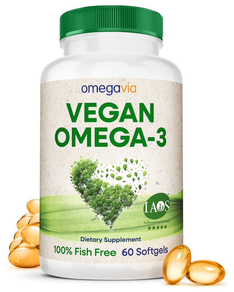 OmegaVia Vegan Omega 3 Papildinājums, Algae Omega 3 Zivju eļļa Alternatīva, 300mg Vegan DHA Taukskābes, augu bāzes, Planet and Ocean Friendly, IAOS 5 Star Tested, 60 Softgels