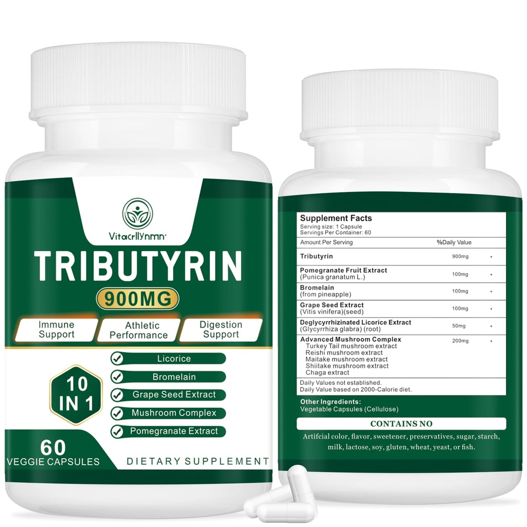 Tributirīna papildinājums - Butirātu prekursors Gut Barjeru atbalstam, Leaky Gut atbalsts, Digestion 60 Count