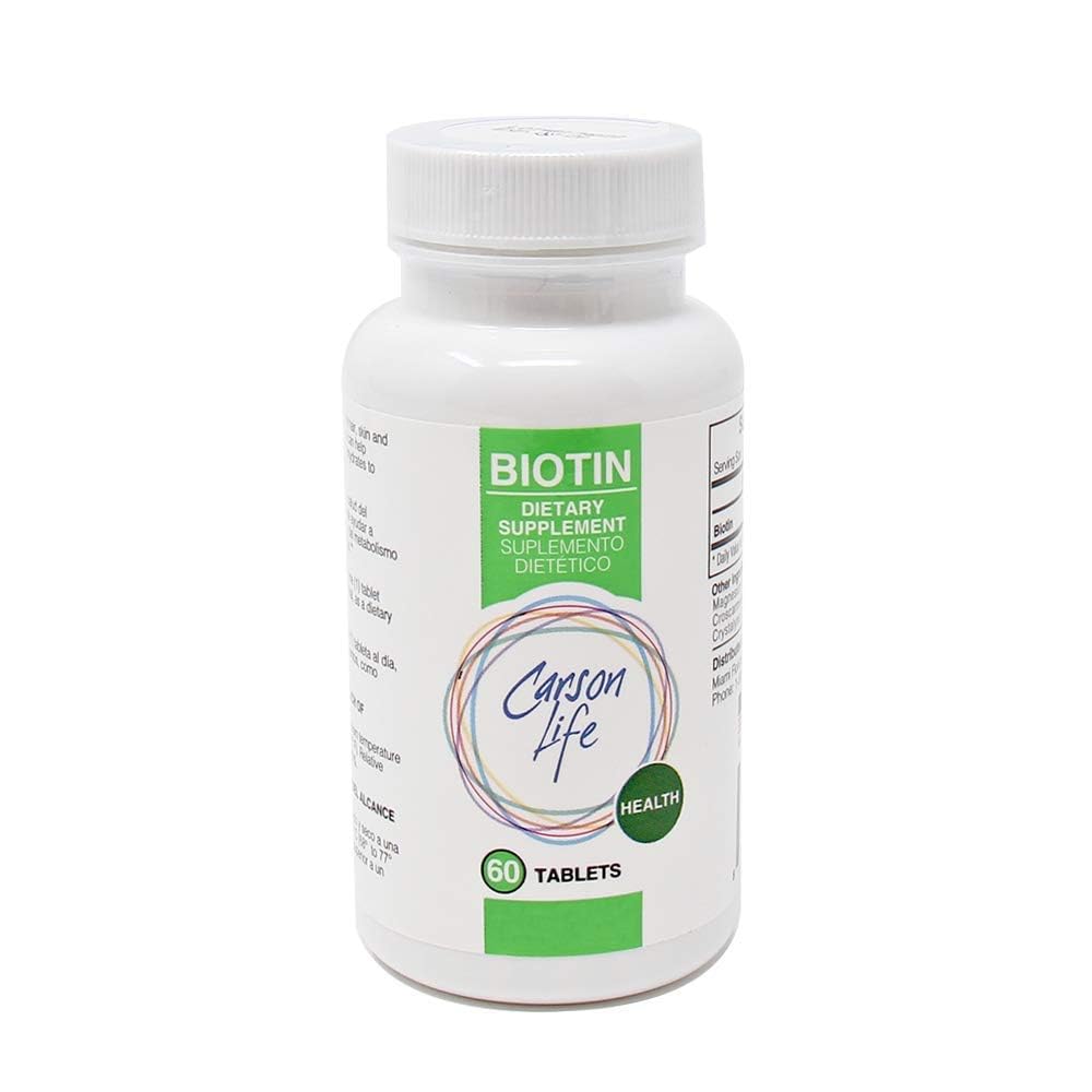 Carson Life Biotin Papildinājums - 60 tabletes - vīriešiem un sievietēm - vitamīnu piedevas, kas veicina matu augšanu - Advanced Formula palīdz palielināt enerģijas un šūnu augšanu - Ražots ASV