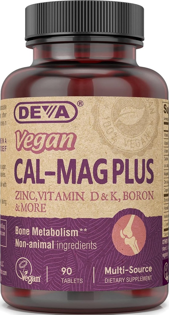 DEVA Vegan kalcija magnija papildinājums, Plus cinks, C, D & K vitamīns, Borons, 90 tabletes