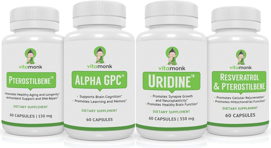 VitaMonk Resveratrol, Pterostilbene, Alpha GPC un Uridine Bundle - Longevity and Brain Boosting Stack
