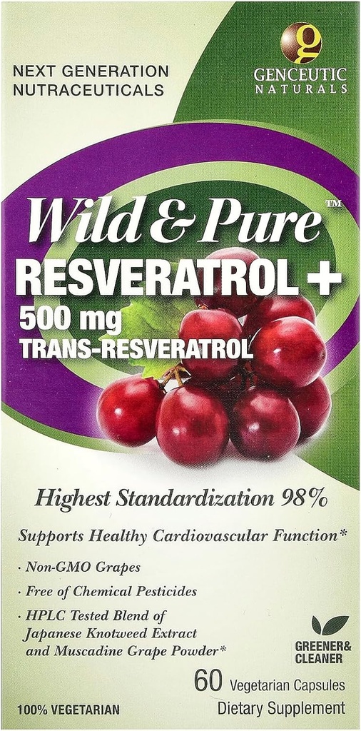 Genceutic Naturals Savvaļas & Pure Resveratrol Veģetāriskās kapsulas, 60-Count , veicina sirds veselību , Pret novecošanu , , Kopumā labsajūta