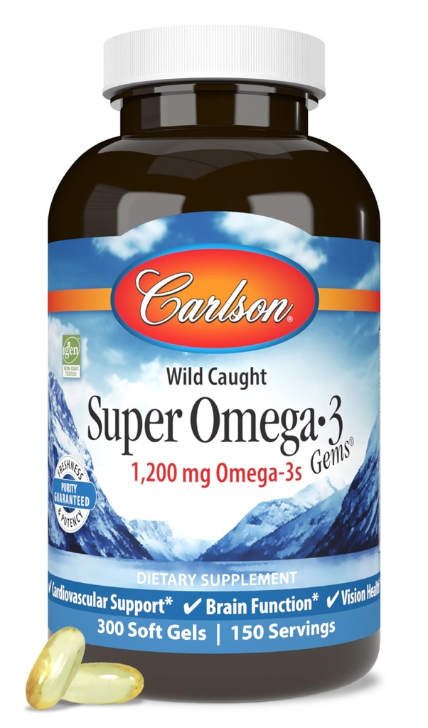 Carlson - Super Omega 3 Gems, 1200 mg Omega 3 Taukskābes ar EPA un DHA, Savvaļas nozvejotas Norvēģijas zivju eļļas papildinājums, Ilgtspējīgi iegūtas kapsulas 300 Softgels