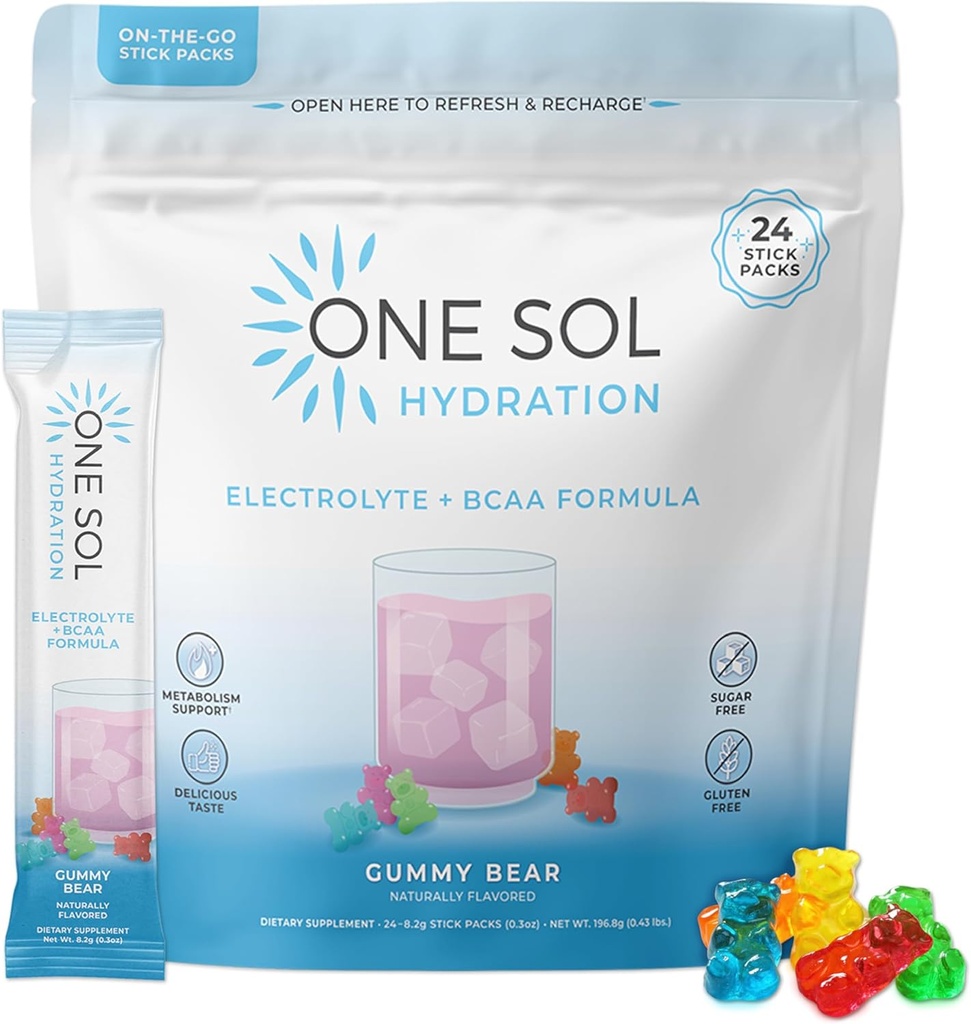 Viens Sol BCAA & Elektrolītu pulveris hidratācijai un enerģijai, All-Natural Formula, 100% Vegan, Non-GMO, bez lipekļa un sojas, veicina muskuļu augšanu un atjaunošanos, gumija lācis Flavor