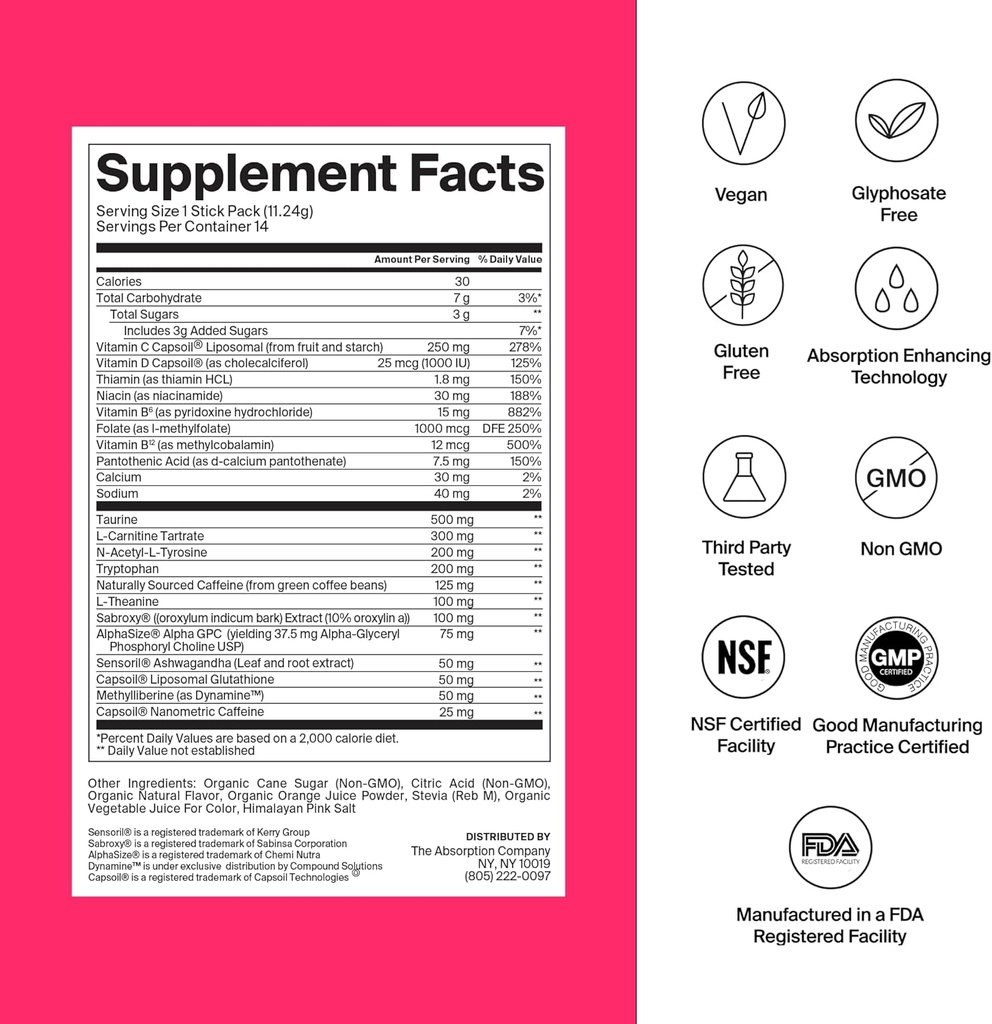 Absorbcija Kompānija Enerģijas Dzēriens Packets – Tīra enerģija Booster, lai atbalstītu trauksmes ar 150mg dabas kofeīns un vitamīns C – augļu pūderis Flavor, 28 Sticks