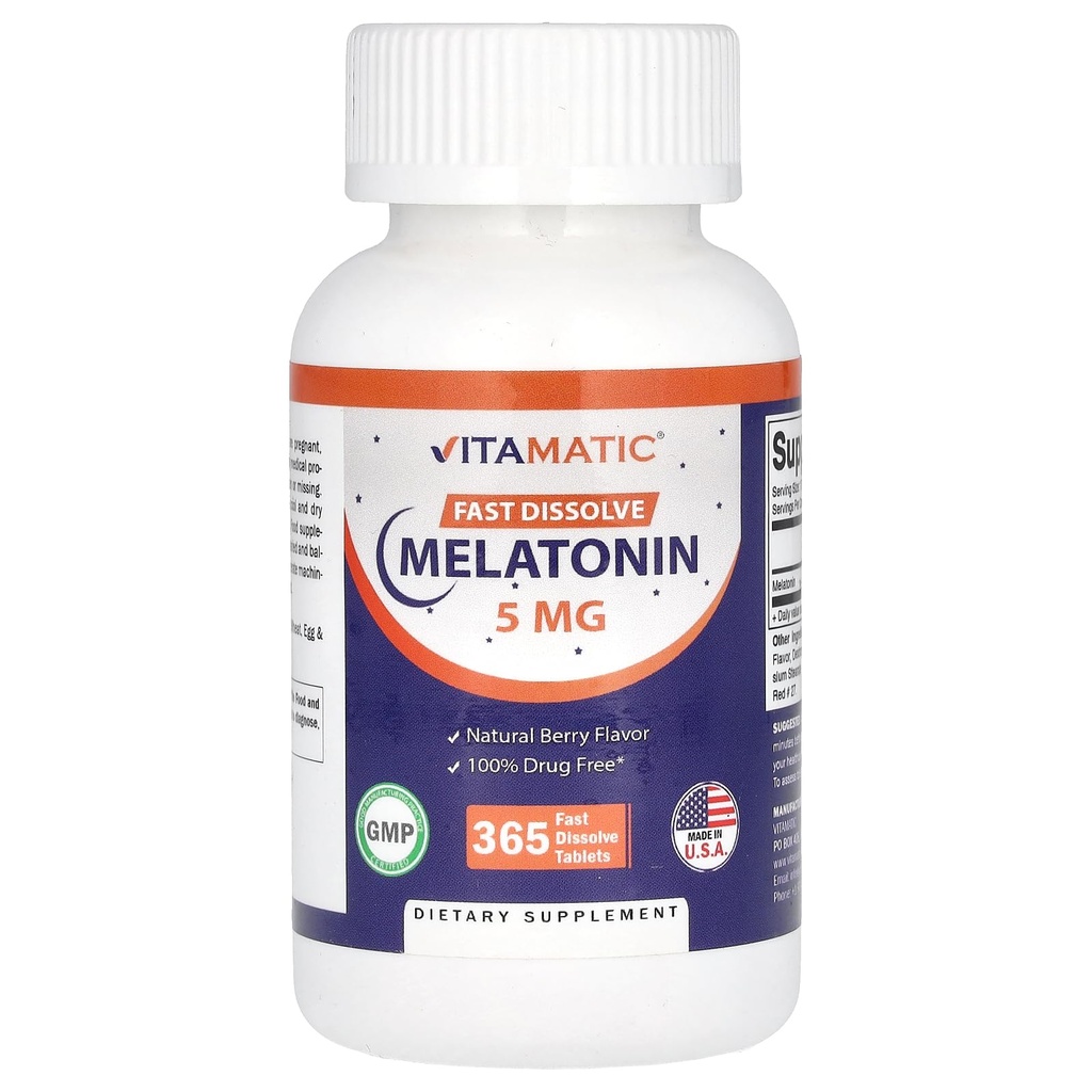 Vitamātiskais melatonīns 5 mg tabletes; veģetārietis, ne-ĢMO; bez lipekļa; 1 gada piedāvājums; dabiskās ogu flavoras - 365 Tabletes