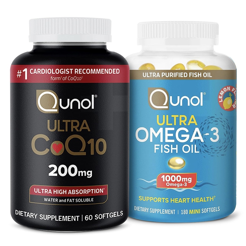 Qunol CoQ10 100mg Softgels, 3X labāka absorbcija, 4 mēnešu piegādes, 120 grāvis + zivju eļļa Omega 3 Mini Softgels, 1000mg Omega 3 EPA + DHA, 3 mēnešu piegādes, 180 grāvis