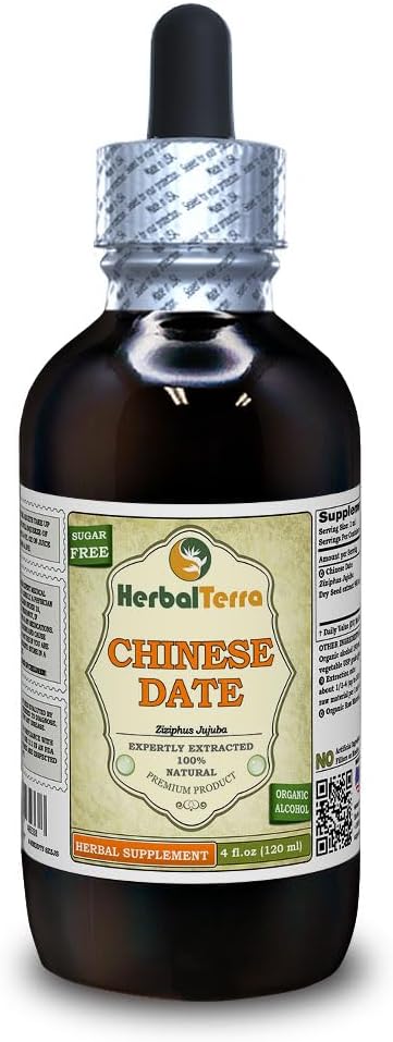 Ķīniešu datums (Ziziphus Jujuba) Tincture, Organic Kaltētas sēklas Šķidrais ekstrakts (zīmuļa nosaukums: HerbalTerra, Proudly Made in USA) 4 fl.oz (120 ml)