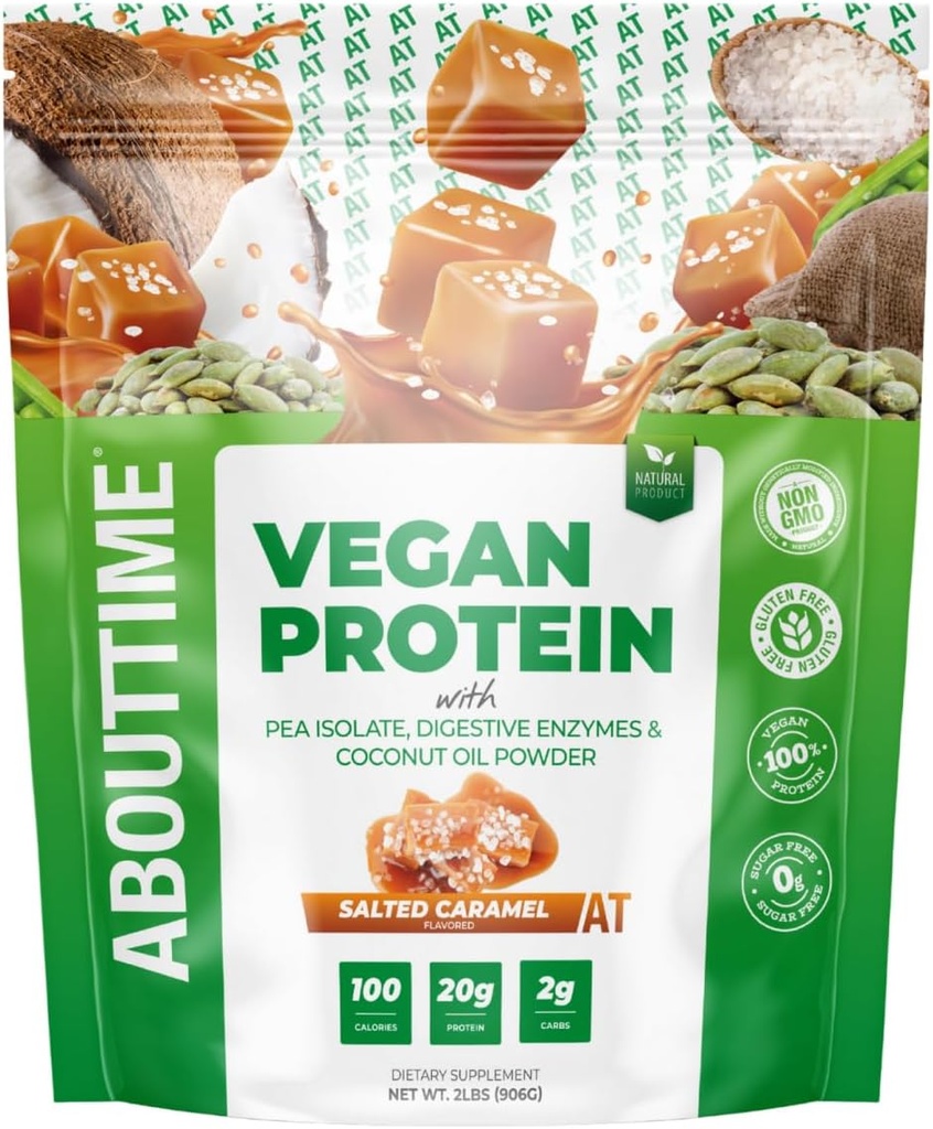 Par laiku Vegan proteīns pulveris 20g Sālīts karamelis, Dabiskās sastāvdaļas, ne-GMO, augu bāzes, bez lipekļa, bez sojas, bez piena, 32 Kalpo